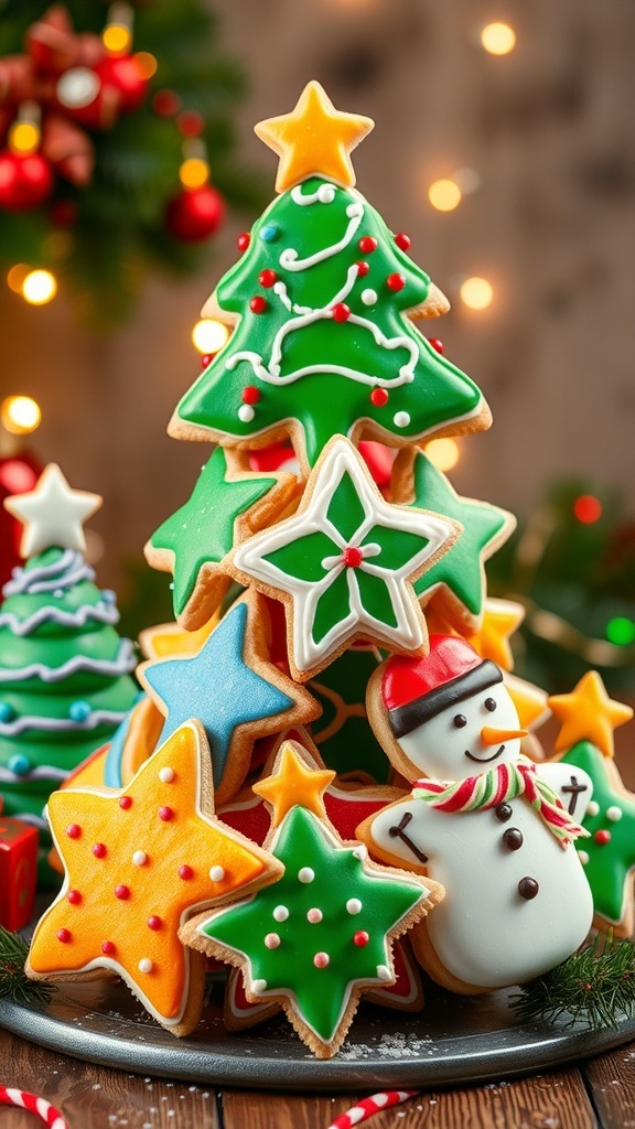 A variety of decorated 3D Christmas cookies in festive shapes, stacked and displayed with holiday decorations.